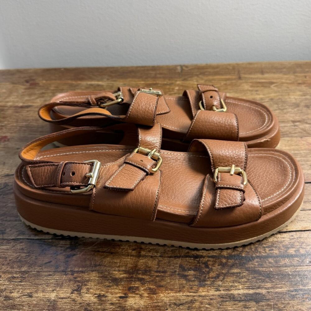 Ann Mashburn double-buckle leather platform sandals brown size 38